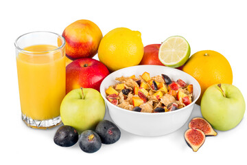 Diet weight loss breakfast concept with tape measure organic green apple, cereal bowl, orange juice, pineapple, muesli cereal bowl, pear, kiwi, lemon, strawberries on a white background