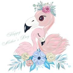 beautiful flamingos mom and baby among delicate flowers. Mother's day card.