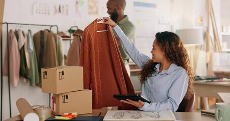 eCommerce fashion, clothing startup and retail team sales for business online collect, package and shipping of designer clothes. Online shopping brand, woman entrepreneur and internet delivery store