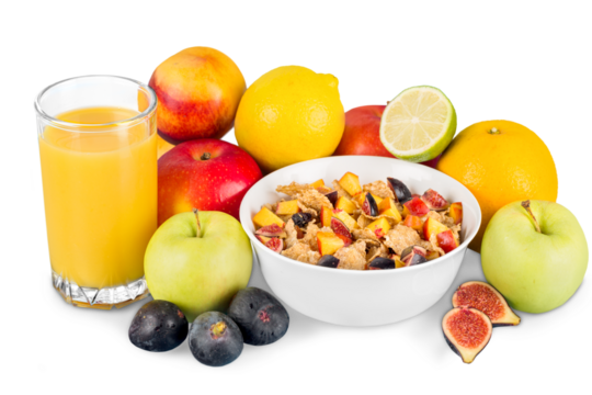 Diet weight loss breakfast concept with tape measure organic green apple, cereal bowl, orange juice, pineapple, muesli cereal bowl, pear, kiwi, lemon, strawberries on a white background