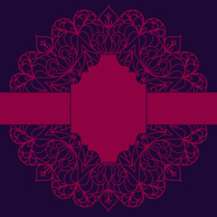 Square background with vintage frame for text and circular ethnic mandala ornament in purple and pink tones.