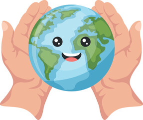 Design of open hands holding planet earth cartoon for earth day, national pollution prevention day, world environment day. Concept of prevention against environmental pollution and care of our planet