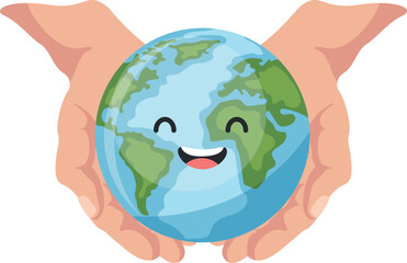 Open hands holding planet earth happy cartoon for earth day, national pollution prevention day, world environment day. Concept of prevention against environmental pollution and care of our planet