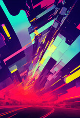 Fototapeta na wymiar Colorful Cover art of a glitched, against the ironic wind, iconic, Atompunk anime style, Concept art, Ethereal brush stroke, Electronic music Background.