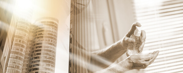 Man using hand sanitizer; prevention of virus and bacteria infection; multiple exposure