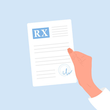 Medical prescription drugs. Female hand holding recipe for pills. Pharmacy control. Healthcare and treatment concept. Vector illustration in flat cartoon style.