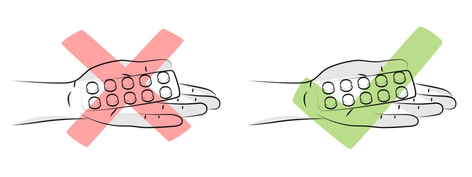 Hand Holds Tablets In Blister Pack. Refusal To Take Medication, Red Cross Sign. Positive Attitude Towards Medicines, Green Tick Sign. Concept Of Choice Between Taking Or Not Taking Pills. Sketch