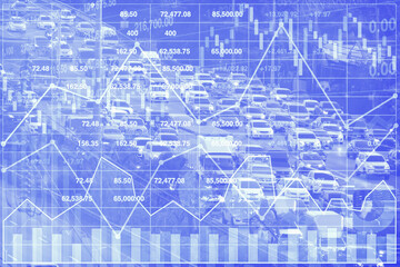 Fototapeta premium Stock financial index data with graph, chart, candlesticks; data number and arrow up on image of heavy traffic show successful investment on transportation business.