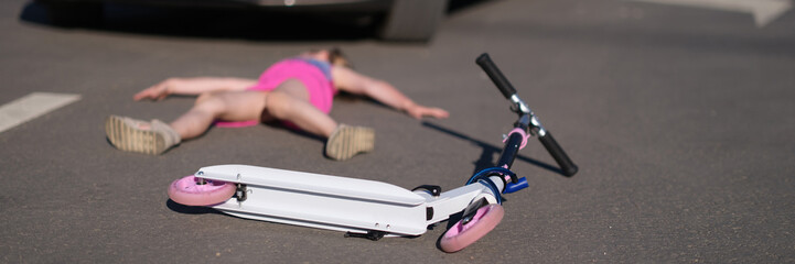 Girl lies on pavement after collision with cars on scooter