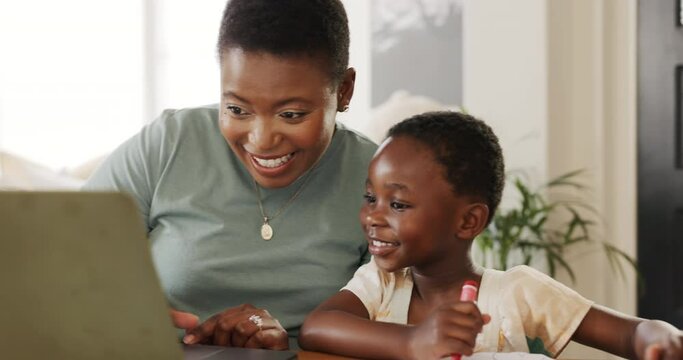 Teaching, learning and black family and child in home with laptop and color book happy with online education, kids website and online digital guide. Happy african mother with girl writing development
