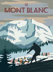 Mont Blanc ski resort poster, retro. Alps Winter travel card
