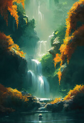 Fototapeta na wymiar Beautiful Waterfall in Fariytale, Illustration of Natural Lush Vegetation. Masterpiece Art Background.