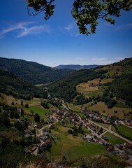 Fototapeta na wymiar Aerial view of cityscape Todtnau surrounded by buildings and dense trees