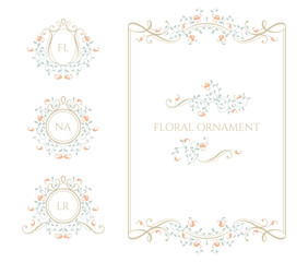 Set of colored decorative elements. Floral monograms, frame and borders.