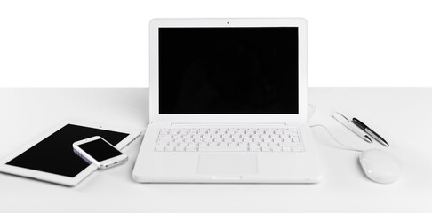 Laptop  with blank screen ,Smartphone  and table pc on  background