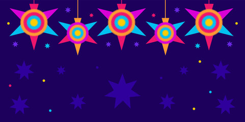 las posadas background. Vector web banner, poster, card for social media, networks with copy space. Text las posadas, pinata mexican star on blue background. Hispanic tradition, chistmas selebration. - obrazy, fototapety, plakaty