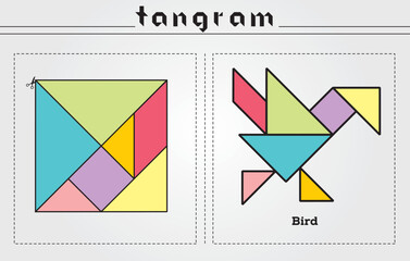 Colorful set of tangram game icons made with geometry shapes in abstract style, includes animals, vector illustration.