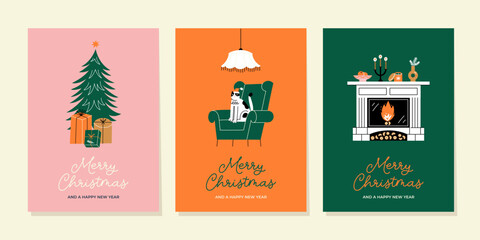 Christmas greeting cards or tags with lettering and hand drawn design elements. Postcard or invitation template.  - 542345335