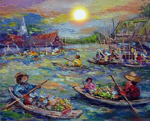 Hand drawn Art painting Oil color Floating market background design from thailand	
