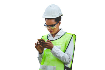 Female engineer in the hard hat uses mobile phone, Industrial worker using mobile smartphone in...
