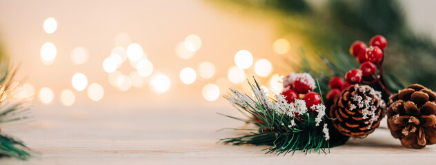 Beautiful christmas decoration mockup background with free copy space for text and festive garland...