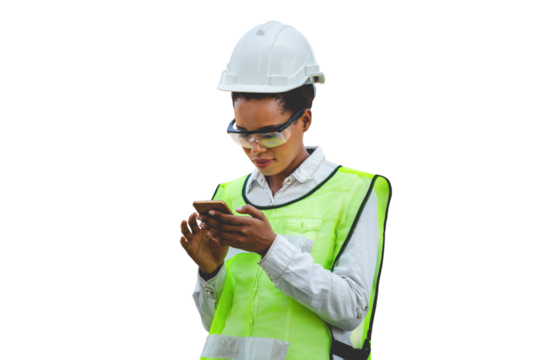 Female engineer in the hard hat uses mobile phone, Industrial worker using mobile smartphone in industry containers cargo - Powered by Adobe