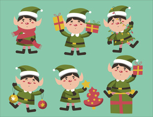 Set of cute playful Christmas elves. Collection of cute Santa Claus helpers. Happy New Year, Merry Xmas design element. Isolated. Good for card, banner, flayer, leaflet, poster. Vector illustration