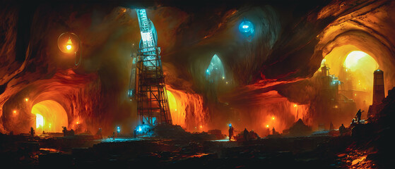 Artistic concept illustration of a coal mine, background illustration. - obrazy, fototapety, plakaty