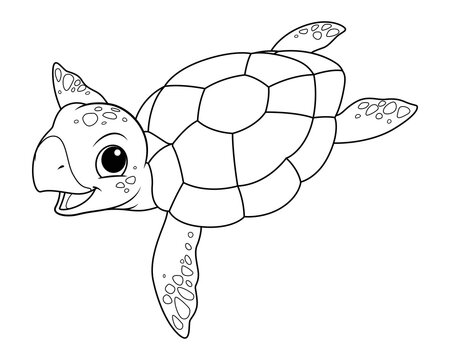 Little Sea Turtle Cartoon Animal Illustration BW