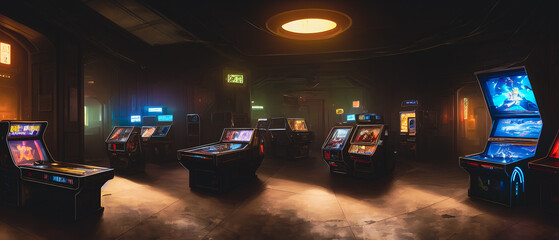 Artistic concept illustration of a vintage video games room, background illustration.