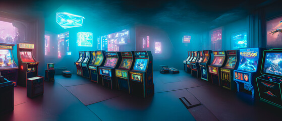 Artistic concept illustration of a vintage video games room, background illustration.