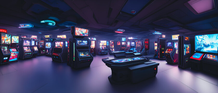 Artistic concept illustration of a vintage video games room, background illustration.