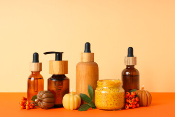 Concept of different cosmetic products, Pumpkin cosmetics
