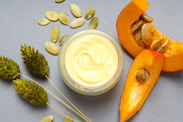 Concept of different cosmetic products, Pumpkin cosmetics, top view