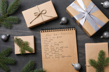 Fototapeta na wymiar Concept of New Year Resolutions list, new year goals, top view