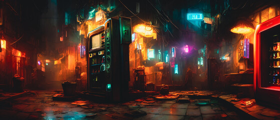 Artistic concept illustration of a dark cyberpunk street at night, background illustration.
