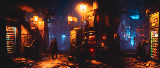 Artistic concept illustration of a dark cyberpunk street at night, background illustration. - obrazy, fototapety, plakaty