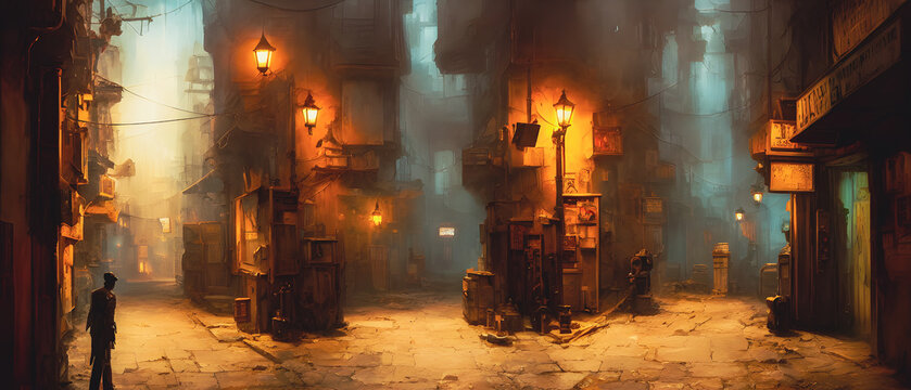 Artistic concept illustration of a dark cyberpunk street at night, background illustration.