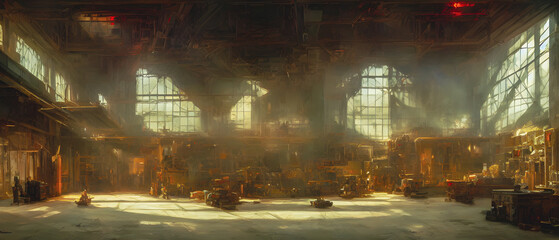 Artistic concept illustration of a warehouse hall, background illustration.
