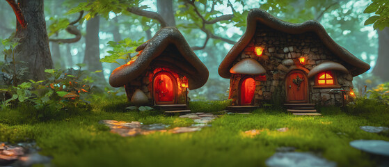 Fototapeta premium Artistic concept illustration of a beautiful house in the forest, background illustration.
