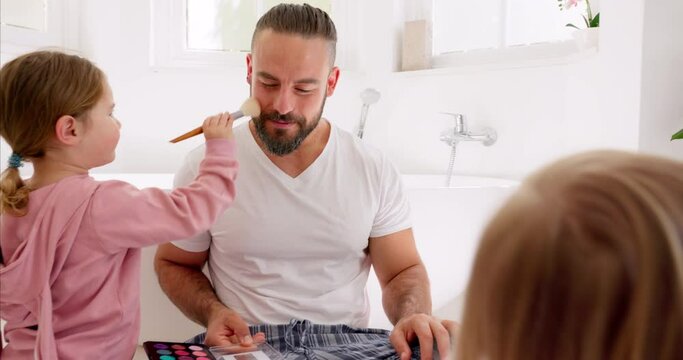 Father makeup face, playing children for happy bonding together and morning sitting in home bathroom. Dad girl kids, comic cosmetics game with kids smile for funny foundation for facial man in house
