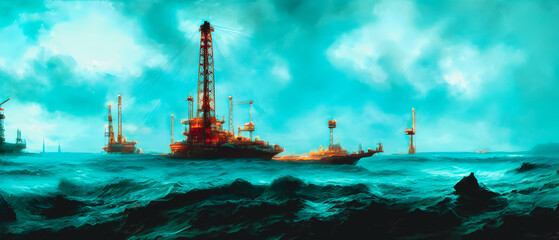 Artistic concept illustration of a oil rig construction, background illustration.