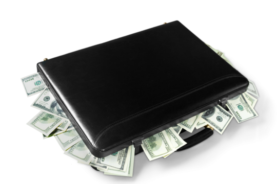 Black briefcase full of banknotes isolated on white background