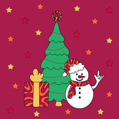 Funny hippie snowman with present and christmas tree. Vector illustration for postcard design and print