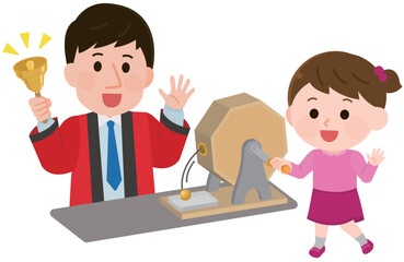 ガラガラを回す女の子　一等を祝うスタッフ　イラスト