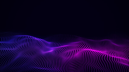 Digital gradient wave with dots and lines on the dark background. Big data visualization. 3D rendering.