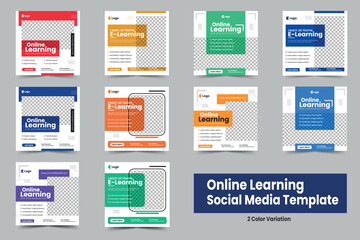 online learning social media post template or E-learning education Instagram feed template bundle