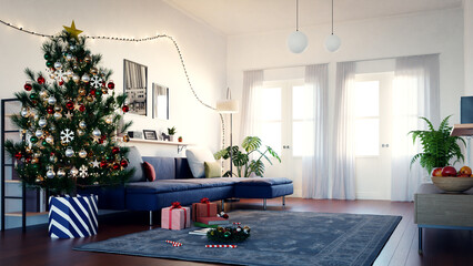 living room interior with christ mas tree, 3d rendering