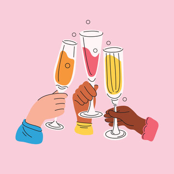Different international people drinking toast to friendship. Friends hands holding glasses of white and red wine. Cheers, celebration and congratulation. Colored graphic flat vector illustration.