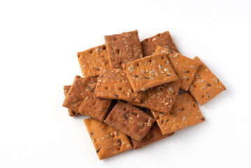 snack mini cracker with tomato and basil isolated on white background